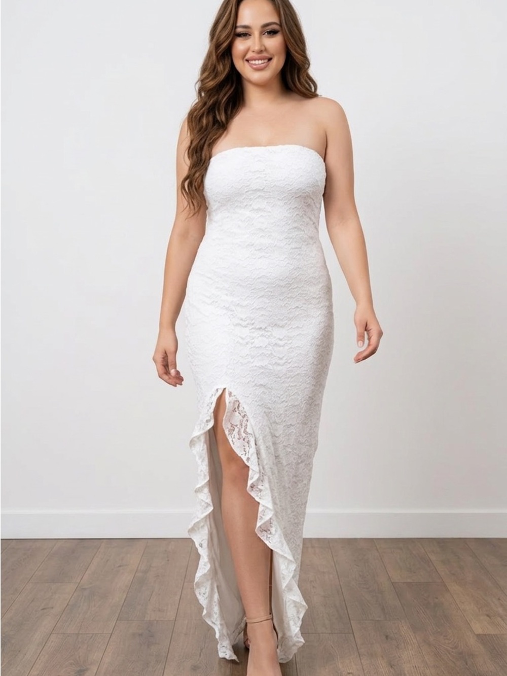SHEIN White Strapless Lace High-Low Ruffle Dress